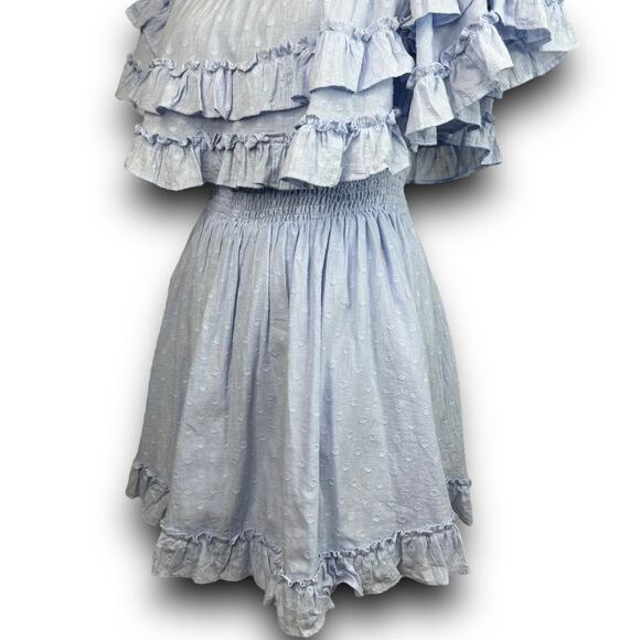 Indikah Off Shoulder Ruffle Mini Dress Smocked Waist Lined Light Blue Size XS - Picture 3 of 8